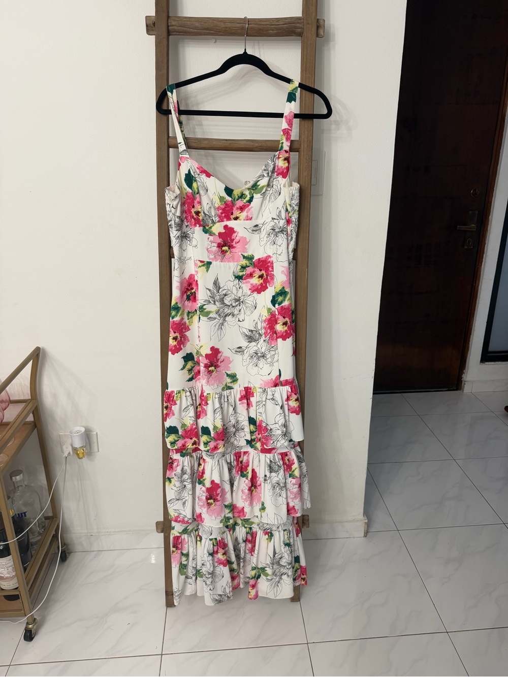 Abercrombie & Fitch White Maxi Dress with Pink Floral Print and Green Leaves